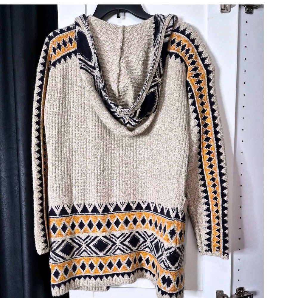 Lucky Brand Hooded Open Front Cardigan Sweater Geometric Print Beige Womens S - Picture 2 of 7